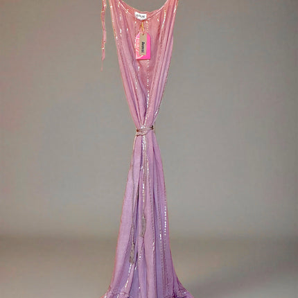 Maxi Dress a righe oro con cintura in cordoncino e nappine✨ Rosa Polvere
