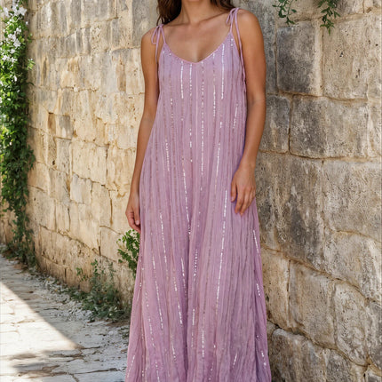 Maxi Dress a righe oro con cintura in cordoncino e nappine✨ Rosa Polvere