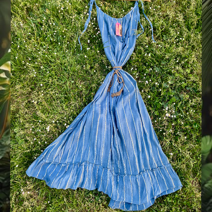 Maxi Dress a righe oro con cintura in cordoncino + nappine✨ Celeste polveroso