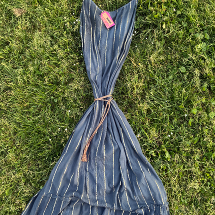Maxi Dress a righe oro con cintura in cordoncino + nappine✨ Navy Blue