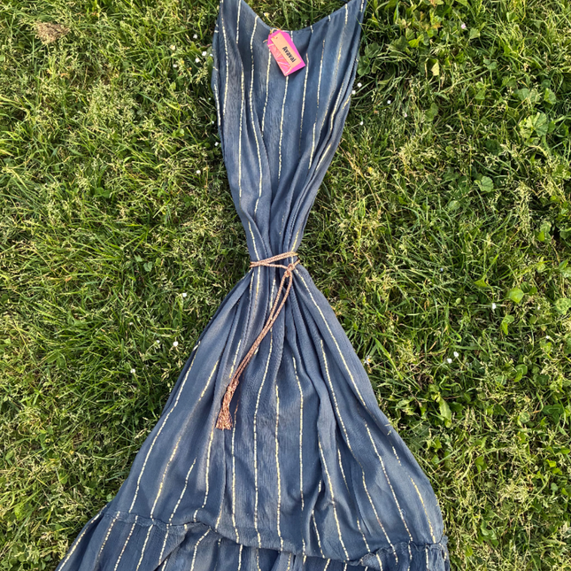 Maxi Dress a righe oro con cintura in cordoncino + nappine✨ Navy Blue