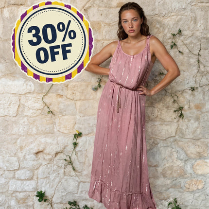 Maxi Dress a righe oro con cintura in cordoncino e nappine✨ Rosa Polvere